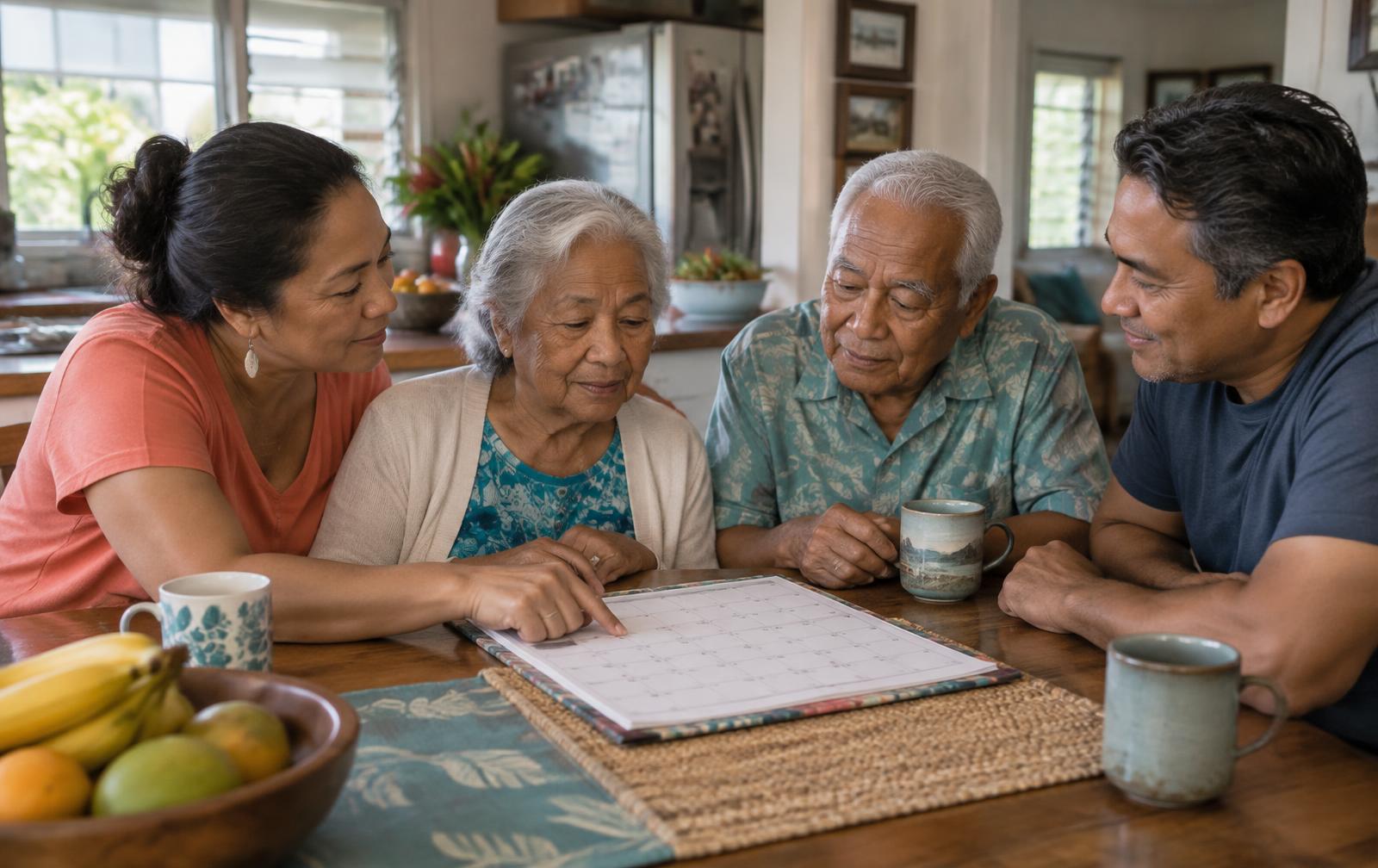 A multigenerational Hawaiʻi family planning their parents' care together at home