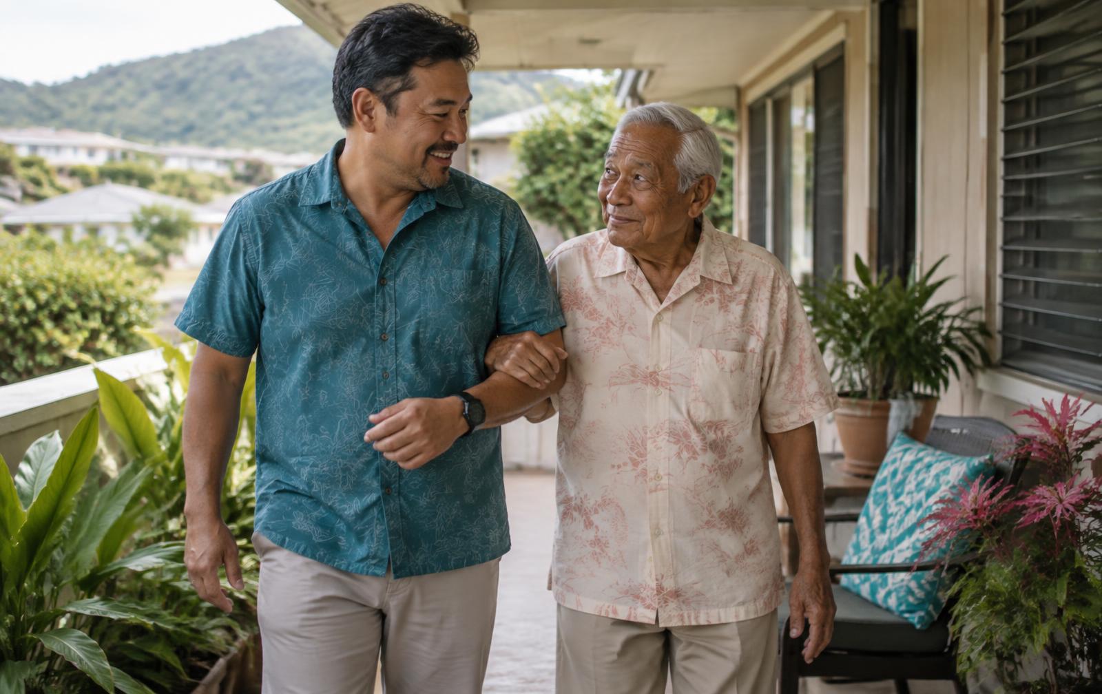 A son walking beside and supporting his kūpuna father at home