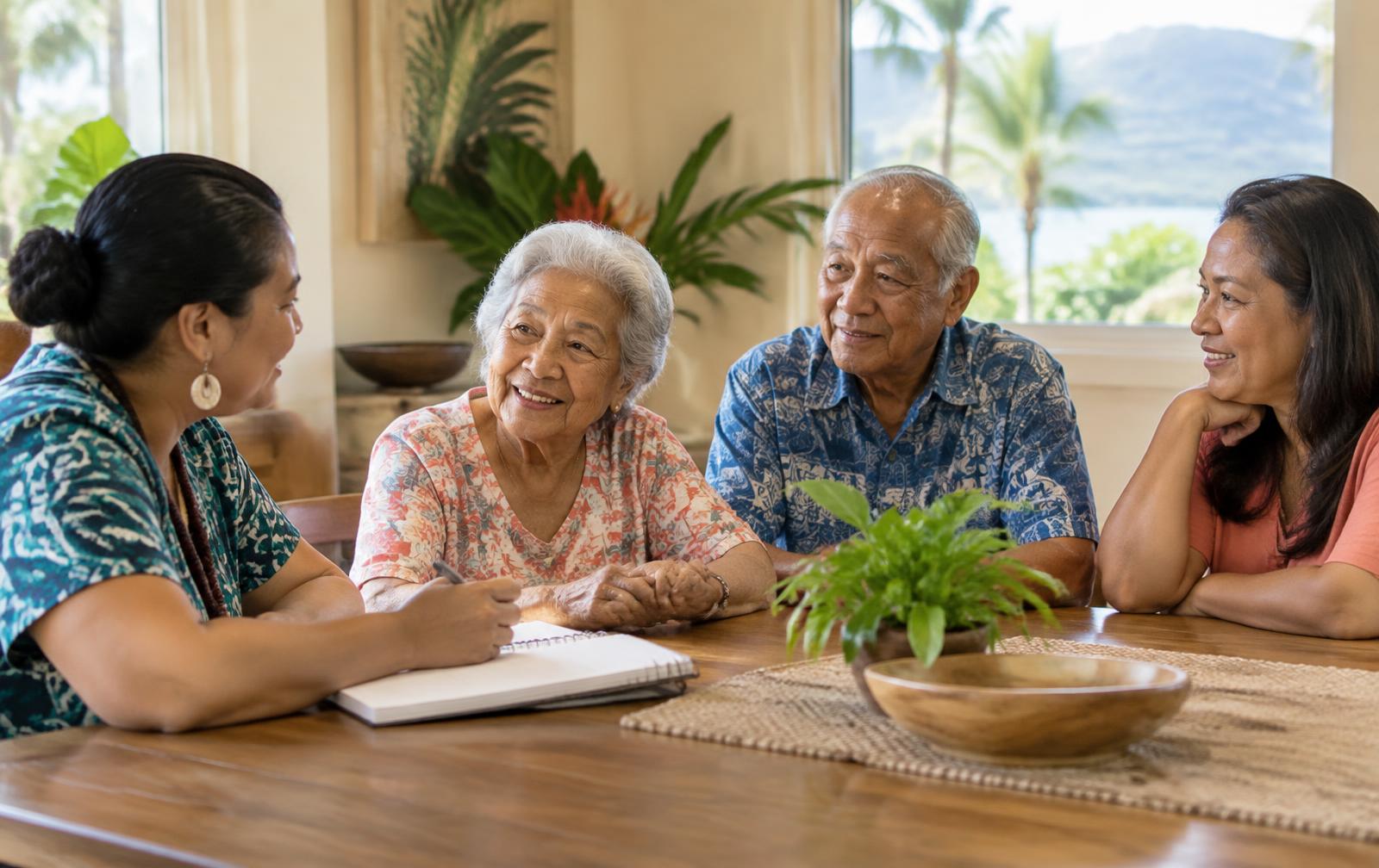 A local care navigator listening to a family and their kūpuna parents